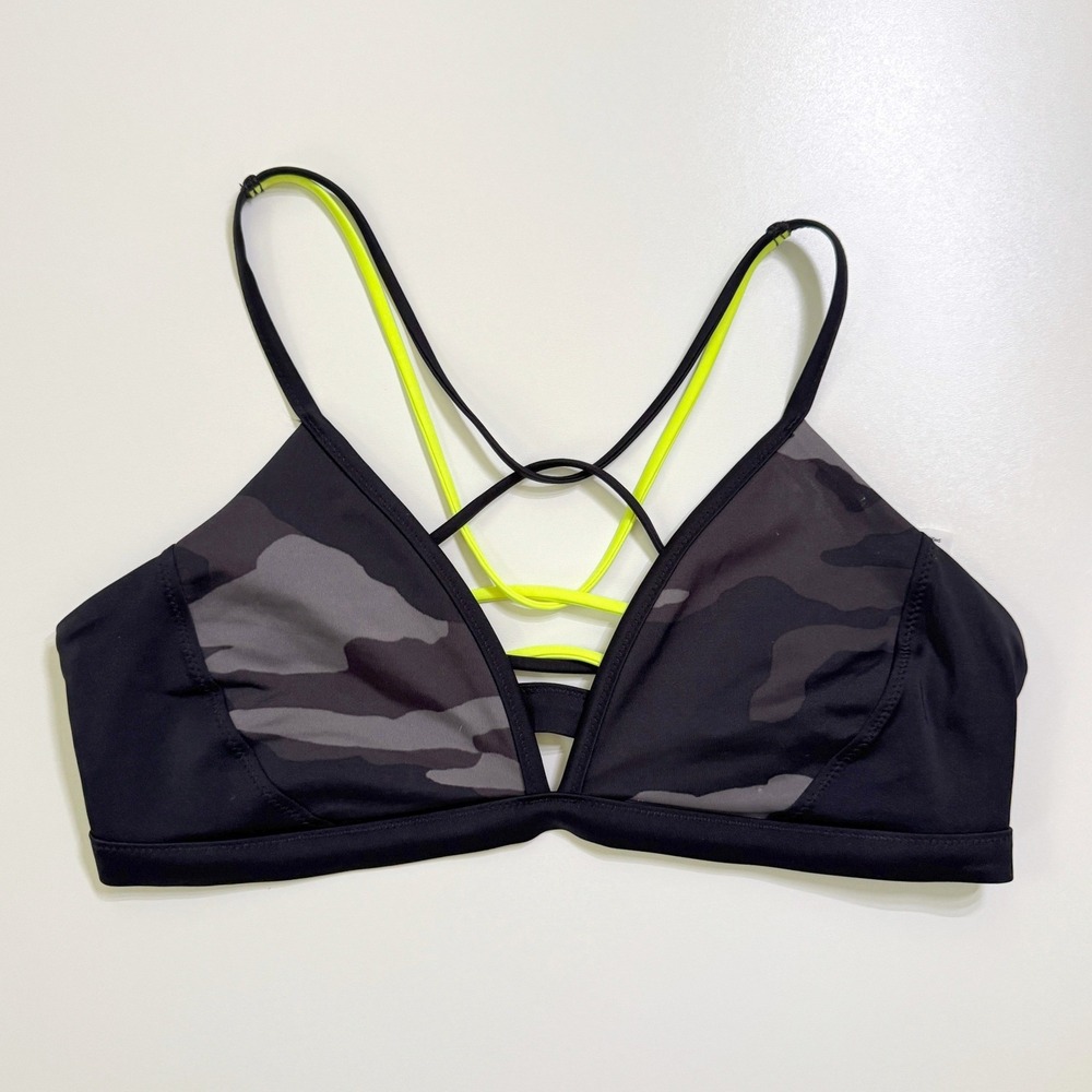 Athleta Black Neon Green Freestyle Camo Bikini Top Medium Strappy Swimsuit